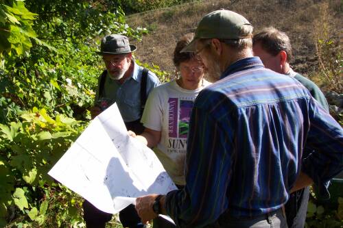 Volunteers examine weir blueprints